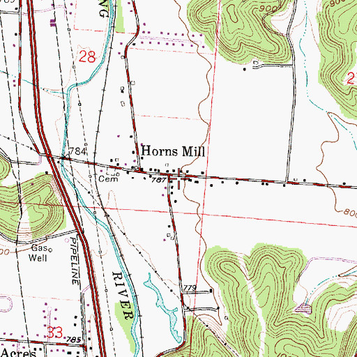 Topographic Map of Horns Mill, OH