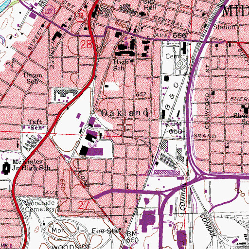 Topographic Map of Oakland, OH