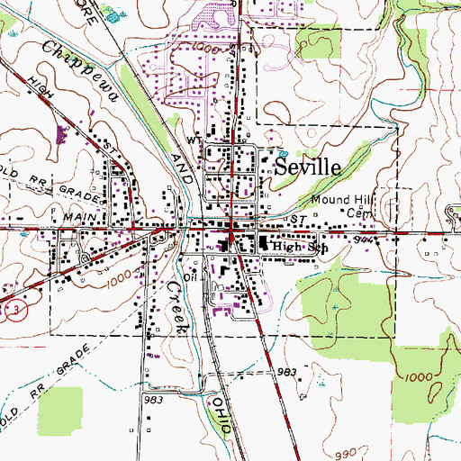 Topographic Map of Seville, OH
