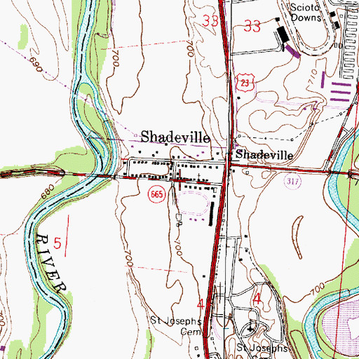 Topographic Map of Shadeville, OH
