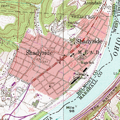 Topographic Map of Shadyside, OH