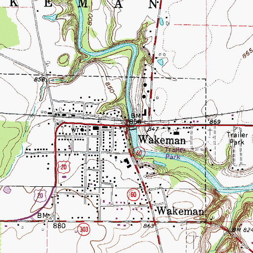Topographic Map of Wakeman, OH
