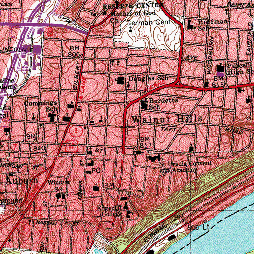 Topographic Map of Walnut Hills, OH