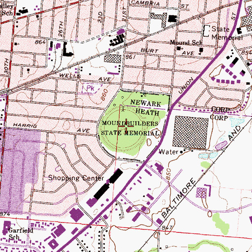 Topographic Map of Newark Mounds, OH