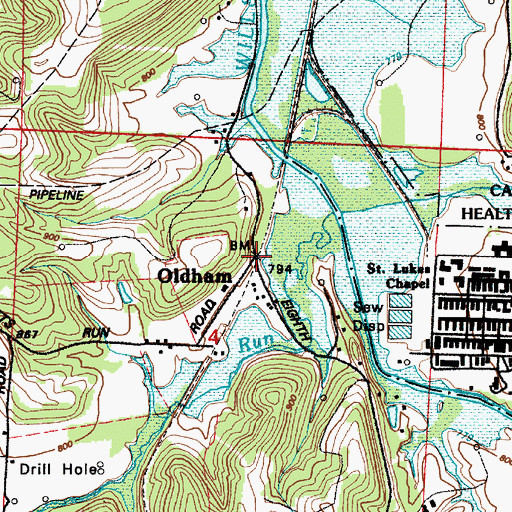 Topographic Map of Oldham, OH