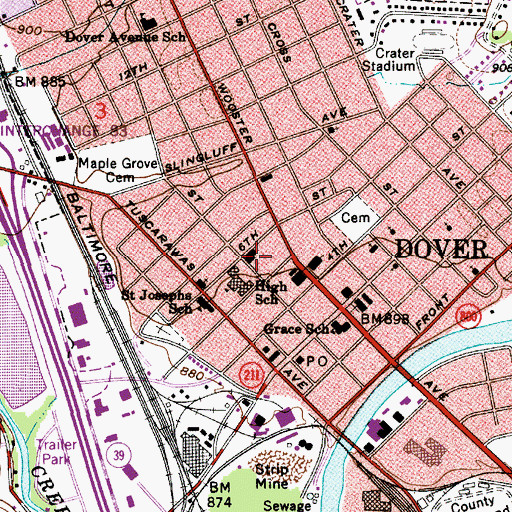 Topographic Map of Dover Public Library, OH