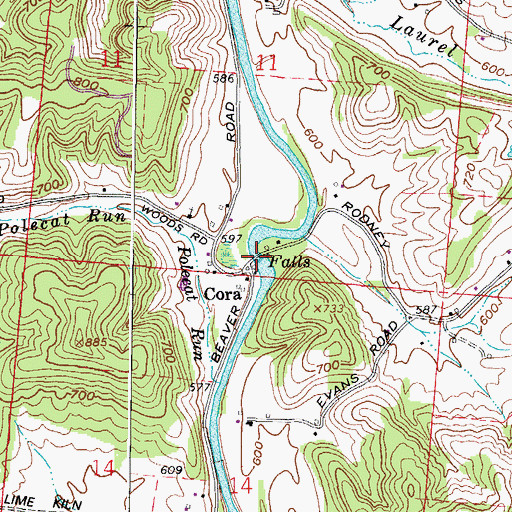 Topographic Map of Cora Covered Bridge, OH