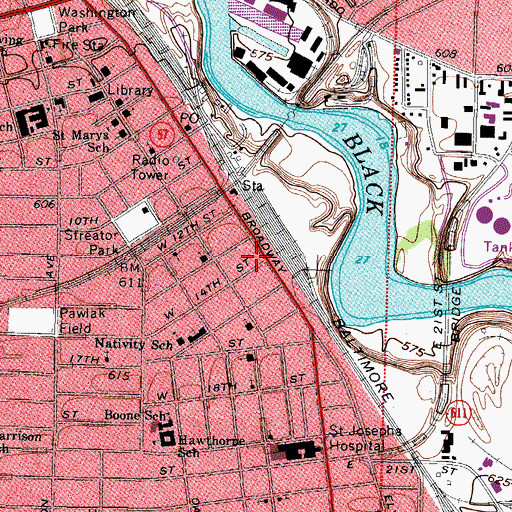 Topographic Map of Lorain Fire Department Central Station, OH