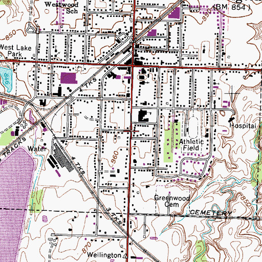 Topographic Map of Wellington Historic District, OH