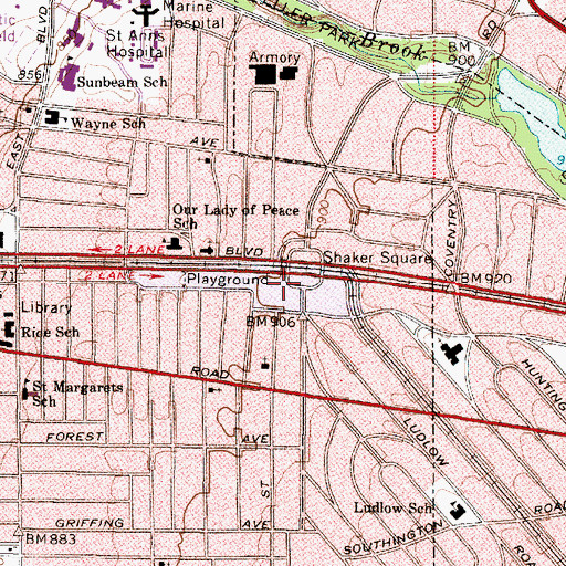 Topographic Map of Shaker Square Shopping Center, OH