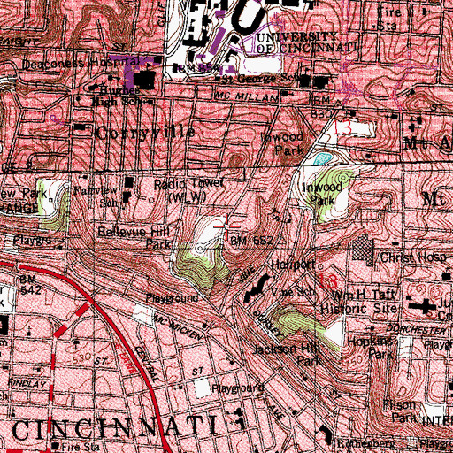 Topographic Map of Over-the-Rhine Historic District, OH