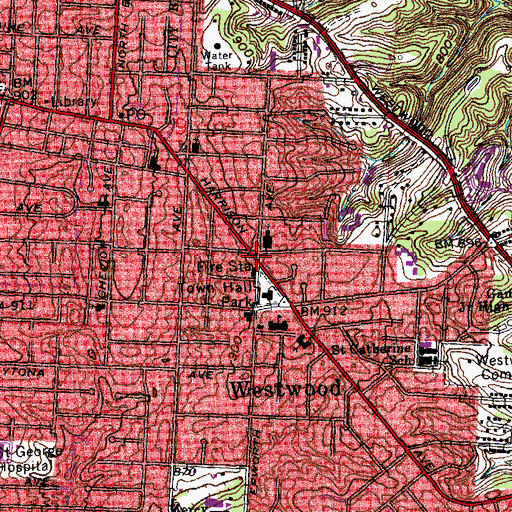 Topographic Map of Westwood Town Center Historic District, OH