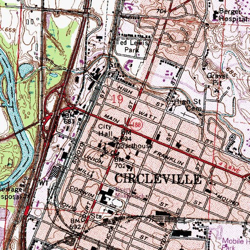 Topographic Map of Circleville Historic District, OH