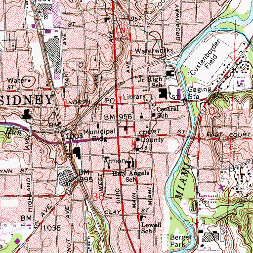 Topographic Map of Sidney Courthouse Square Historic District, OH