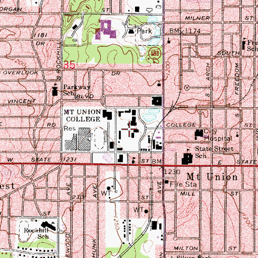 Topographic Map of Mount Union College Historic District, OH