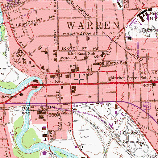Topographic Map of Warren Commercial Historic District, OH