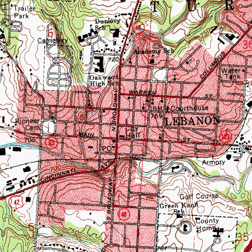 Topographic Map of Lebanon Commerical Historic District, OH