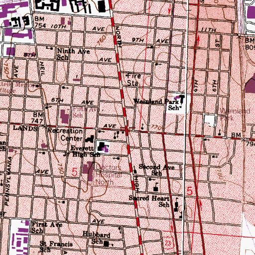 Topographic Map of Fifth Avenue and North High Historic District, OH