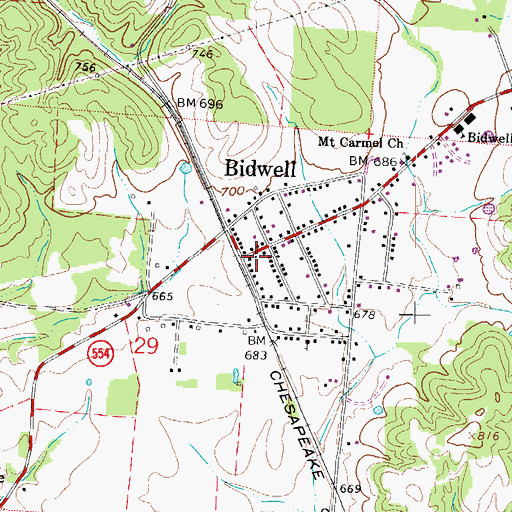 Topographic Map of Bidwell, OH