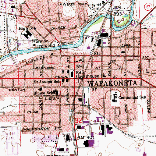 Topographic Map of Wapakoneta, OH