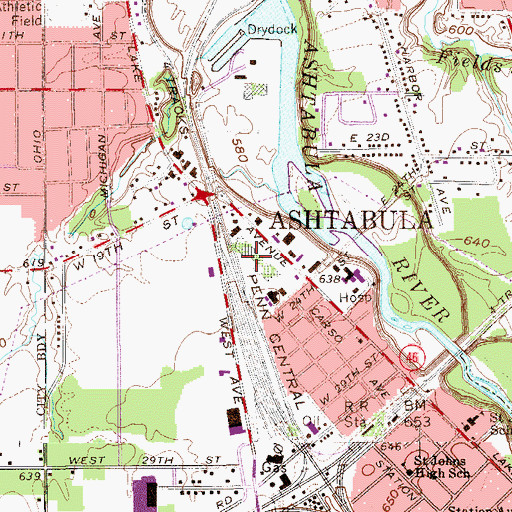 Topographic Map of Ashtabula Plaza Shopping Center, OH