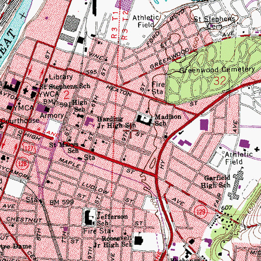 Topographic Map of Dayton-Campbell Historic District, OH