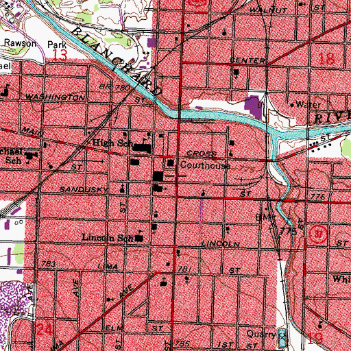 Topographic Map of Findlay Downtown Historic District, OH
