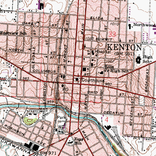 Topographic Map of Kenton Courthouse Square Historic District, OH