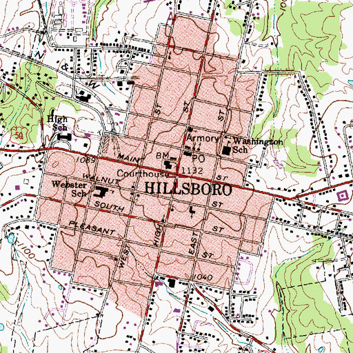 Topographic Map of Hillsboro Historic Business District, OH