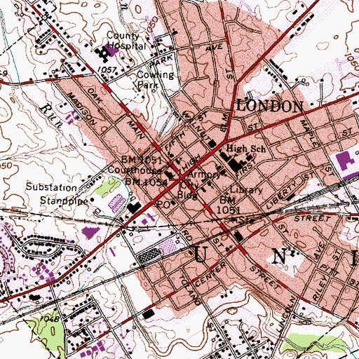 Topographic Map of London Commercial Business Historic District, OH