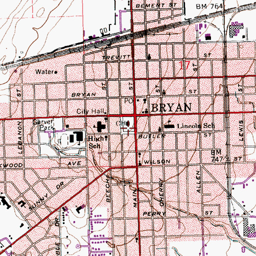 Topographic Map of Bryan Downtown Historic District, OH