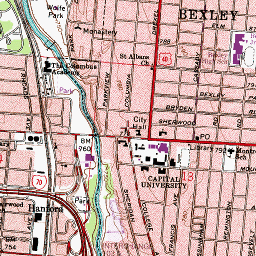 Topographic Map of Bexley Square Shopping Center, OH