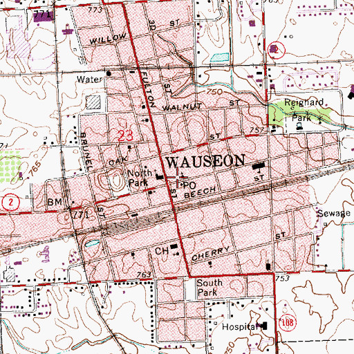 Topographic Map of Wauseon Public Library, OH