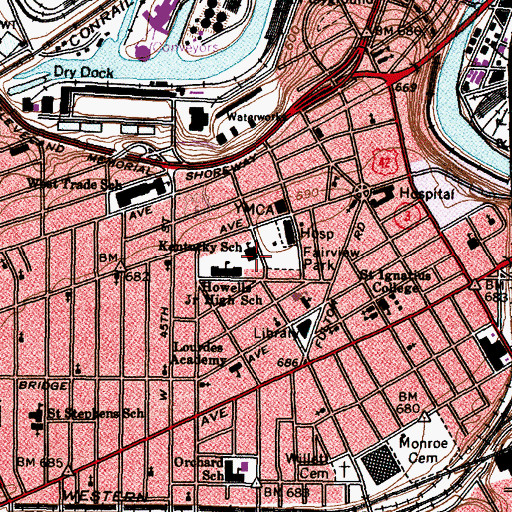 Topographic Map of Fairview Park, OH