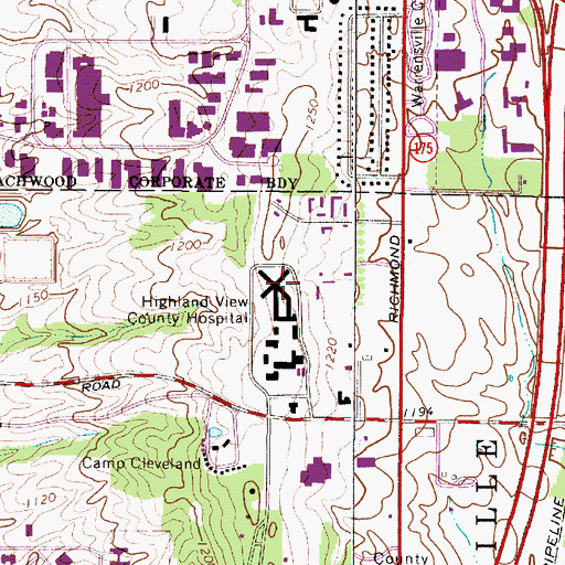 Topographic Map of Highland View County Hospital, OH