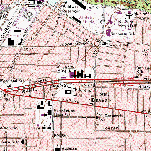 Topographic Map of Saint Lukes Hospital (historical), OH