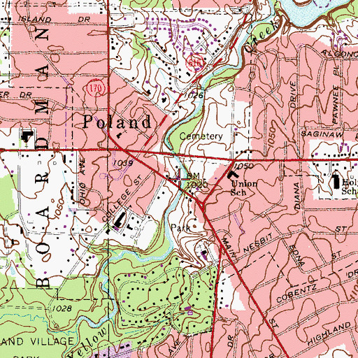 Topographic Map of Poland Branch Library, OH