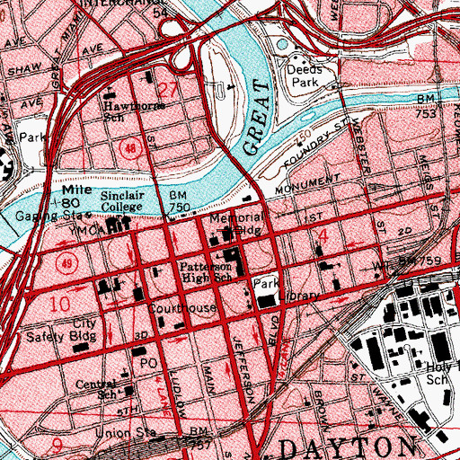 Topographic Map of Montgomery County Memorial Hall, OH