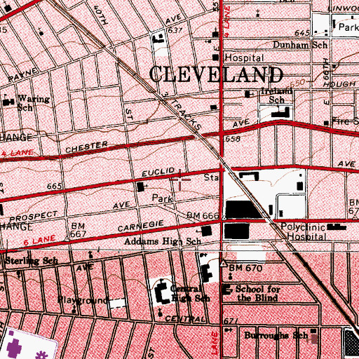 Topographic Map of First Baptist Church of Cleveland (historical), OH