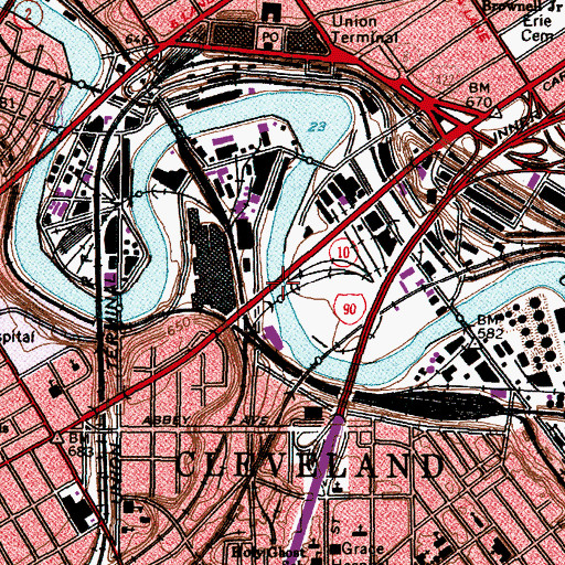 Topographic Map of Hope Memorial Bridge, OH