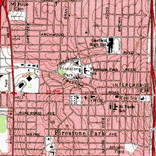 Topographic Map of Firestone Park Presbyterian Church, OH