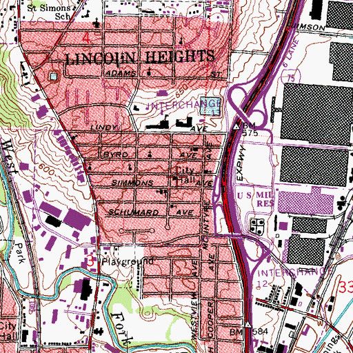 Topographic Map of Lincoln Heights Municipal Building, OH