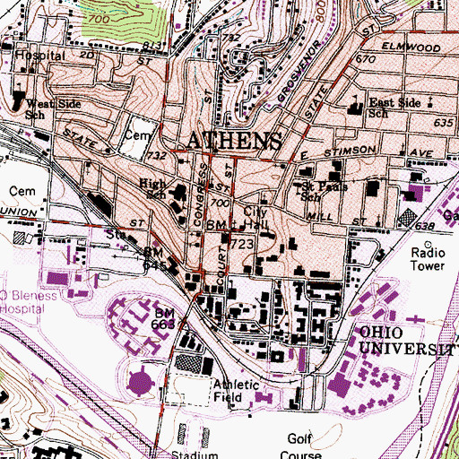Topographic Map of Athens, OH
