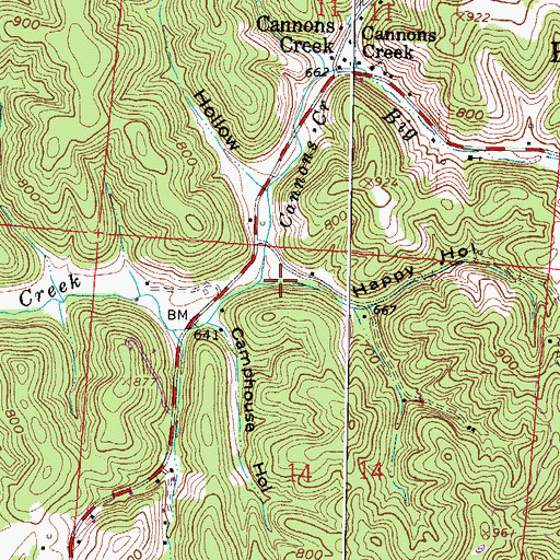 Topographic Map of Happy Hollow, OH
