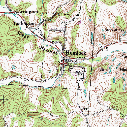 Topographic Map of Hemlock, OH
