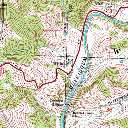 Topographic Map of Hills, OH