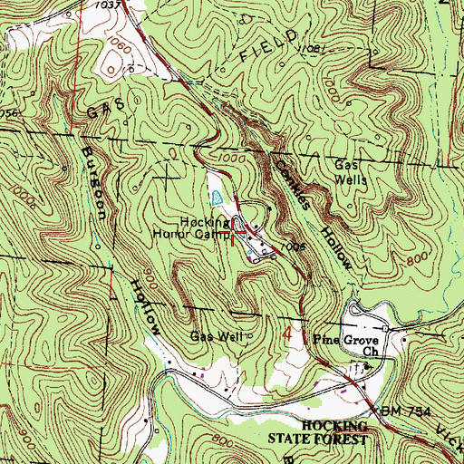 Topographic Map of Hocking Honor Camp, OH
