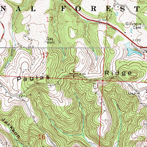 Topographic Map of Paulas Ridge, OH