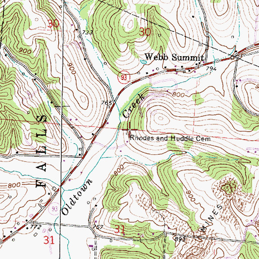 Topographic Map of Rhodes and Huddle Cemetery, OH