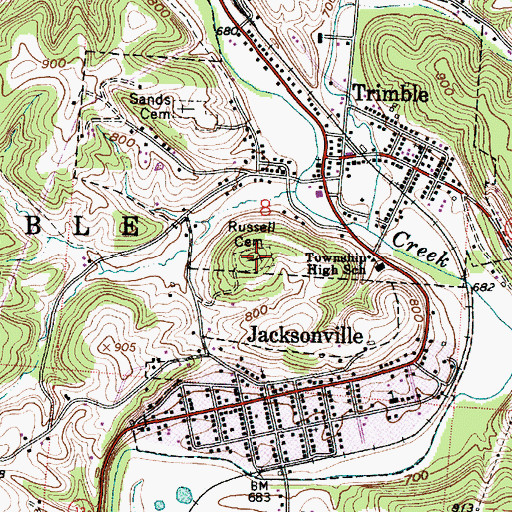 Topographic Map of Russell Cemetery, OH